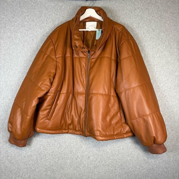 Anthropologie Women's Size 3X Plus Brown Faux Leather Bomber Jacket Coat NEW - Picture 1 of 8